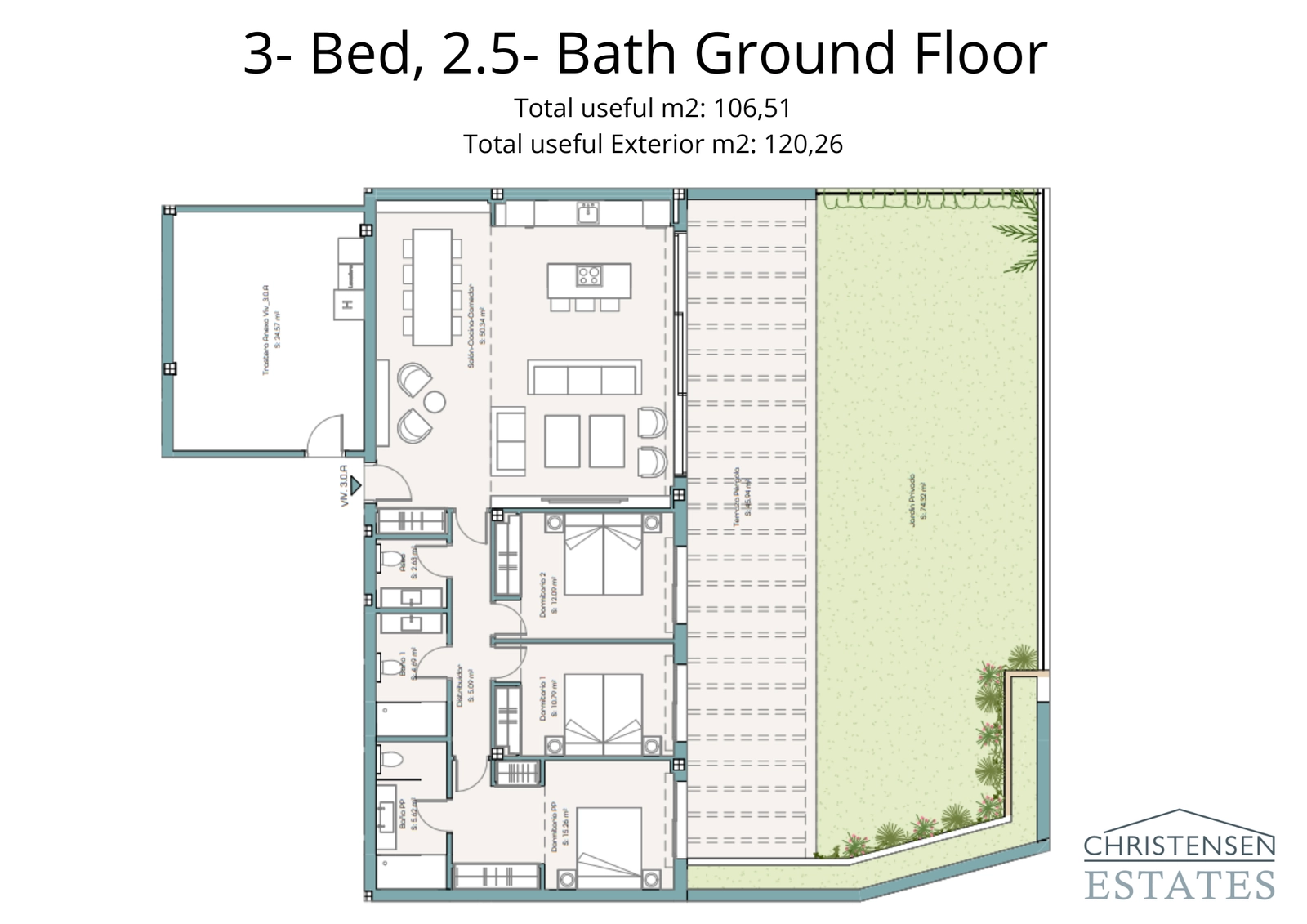 Ruime begane grond indeling met drie slaapkamers en een grote privétuin, perfect voor het gezinsleven.