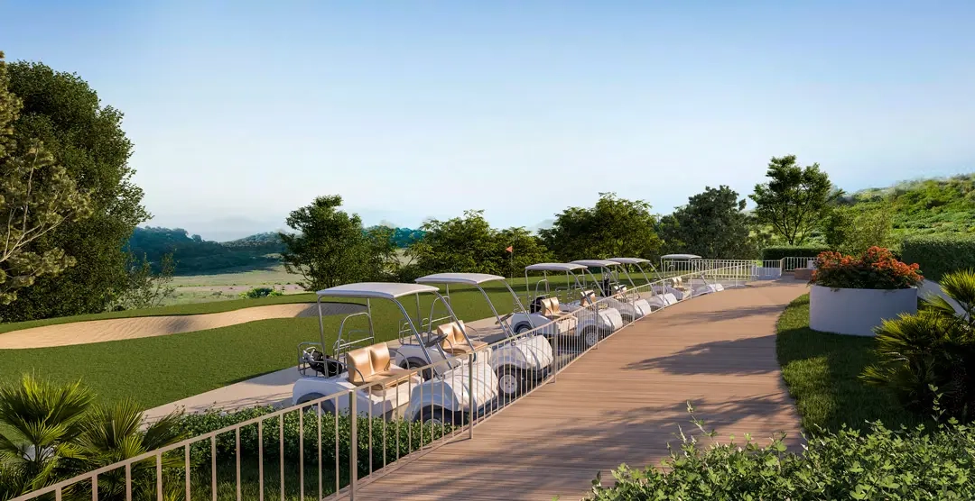 Handige, speciale parkeerplaatsen voor golfbuggy's, wat de unieke golflevensstijl versterkt.