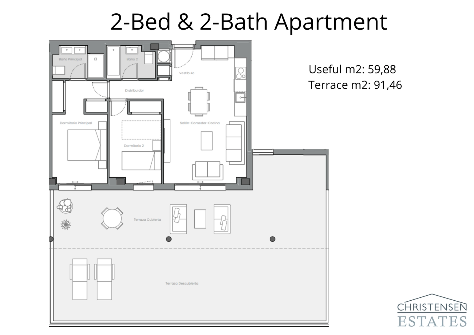 Plattegrond voor een appartement met twee slaapkamers, met een intelligente indeling en een ruim terras dat de leefruimte naar buiten uitbreidt.
