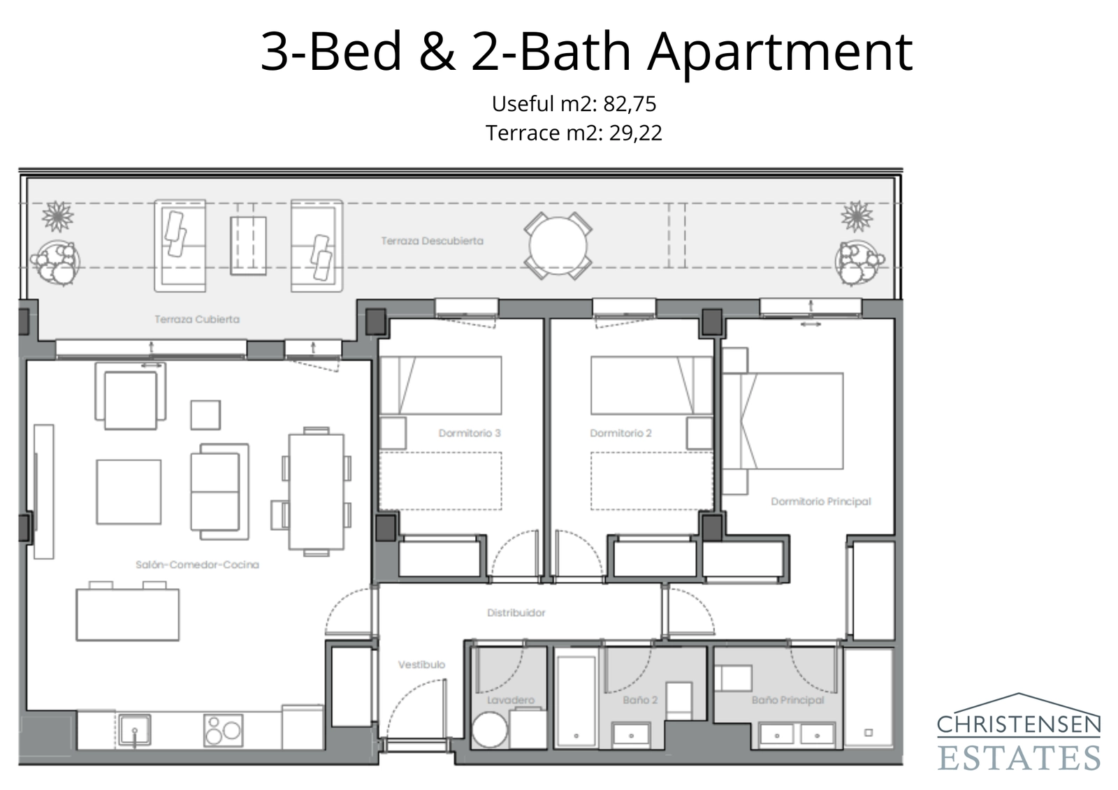 Indeling voor een ruime woning met drie slaapkamers, ontworpen voor comfort met een duidelijke scheiding tussen woon- en slaapgedeeltes en een royaal terras.