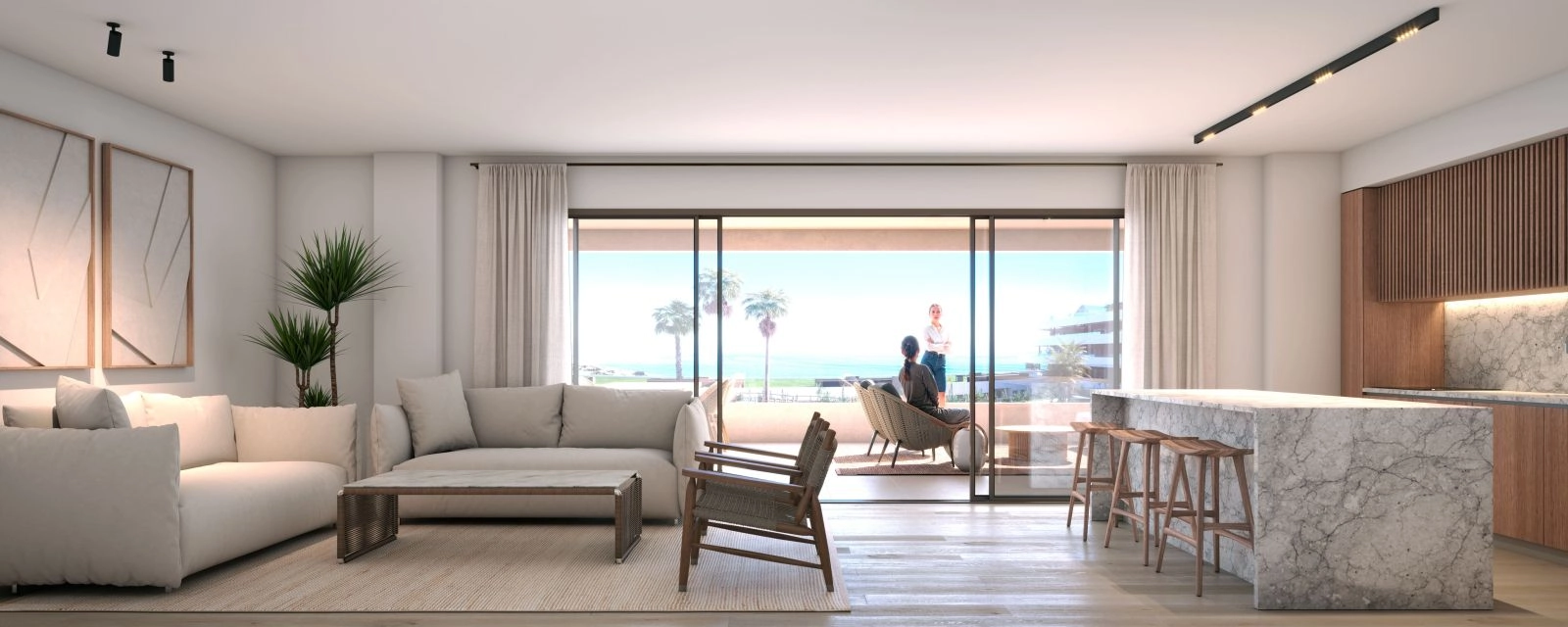 De open keuken en woonkamer, ontworpen voor modern wonen en een naadloze overgang tussen binnen en buiten.