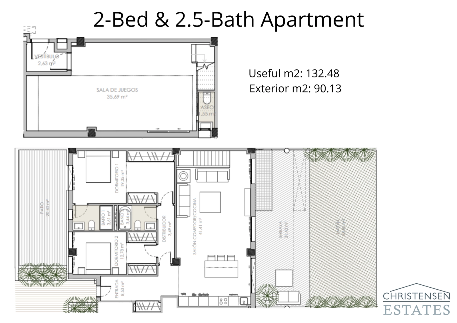 Deze plattegrond van het appartement met twee slaapkamers toont een slimme indeling met een ruime woonkamer die uitkomt op een groot terras en een eigen tuin.