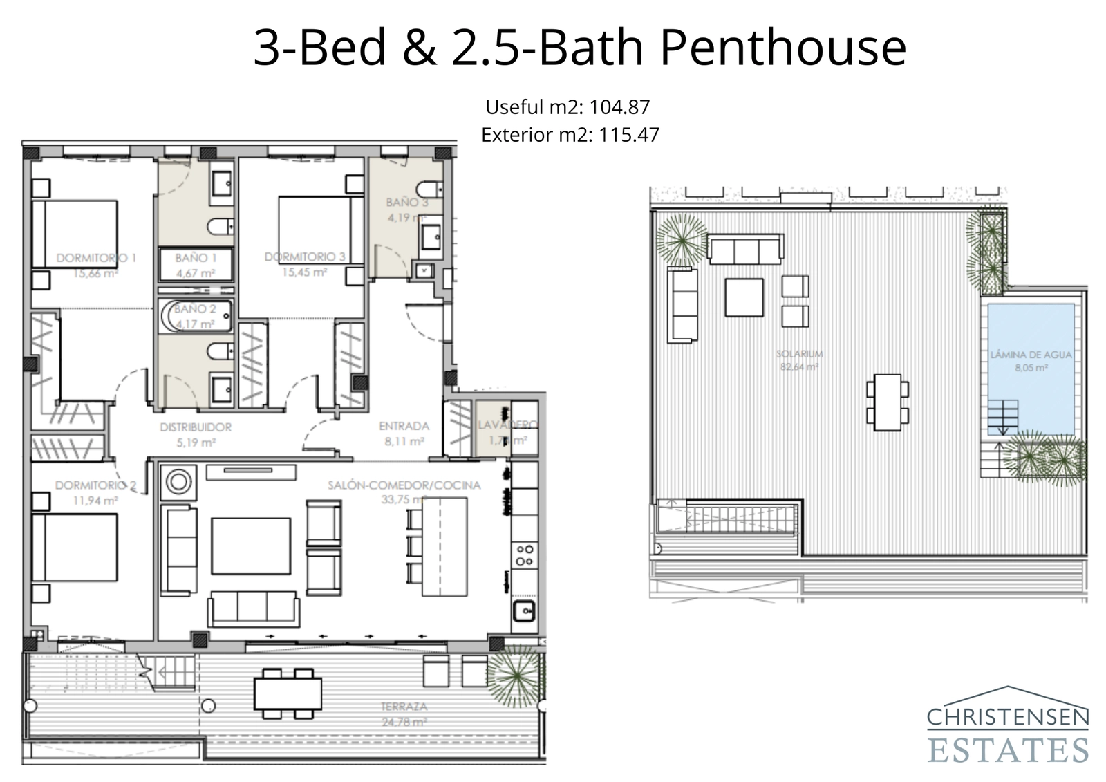 De plattegrond van een penthouse met drie slaapkamers, met een uitgestrekt dakterras/solarium, perfect voor entertainment en om van de zon te genieten.
