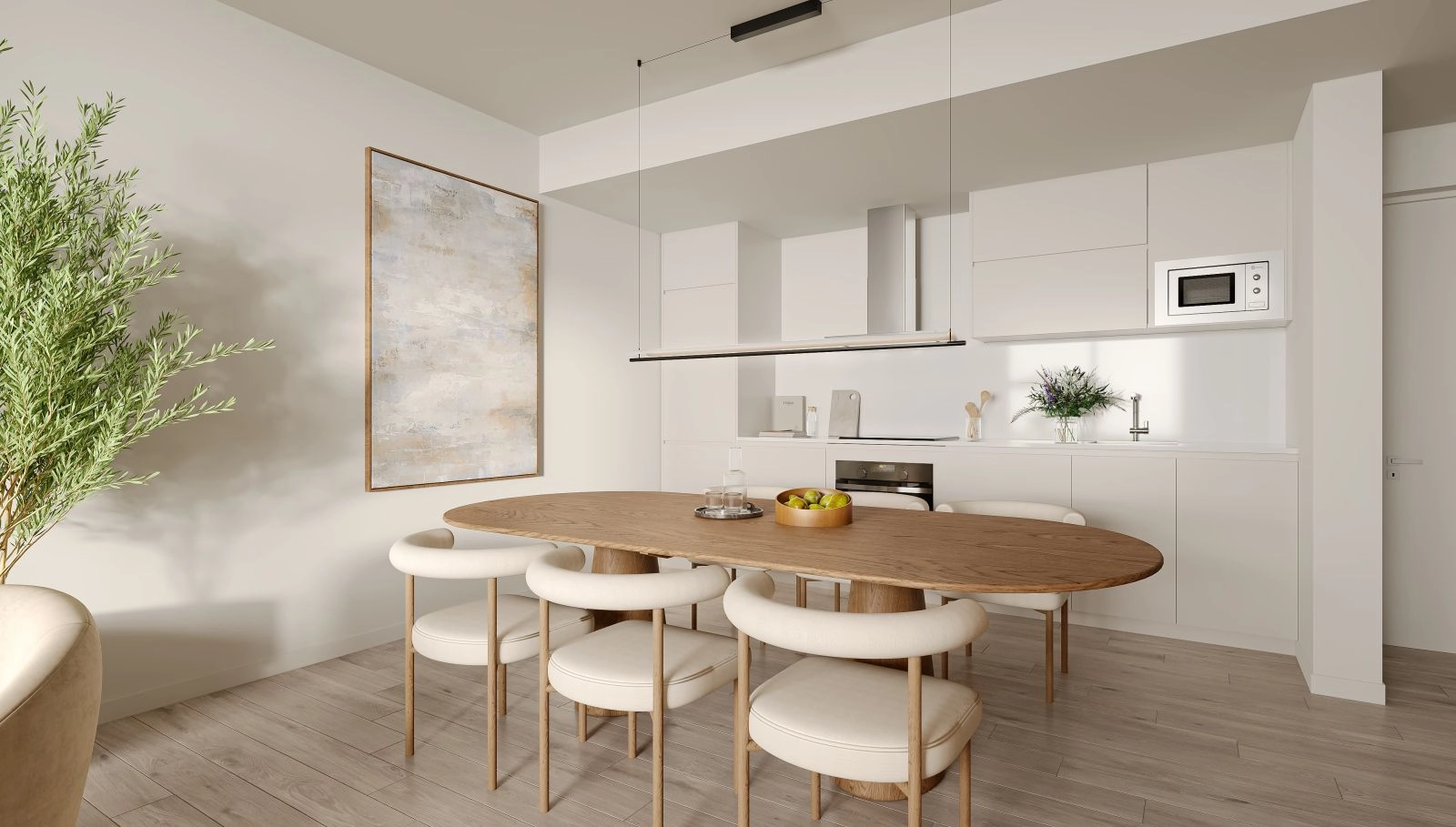 Een moderne, open keuken volledig uitgerust met hoogwaardige apparatuur, ontworpen voor zowel functionaliteit als stijl.