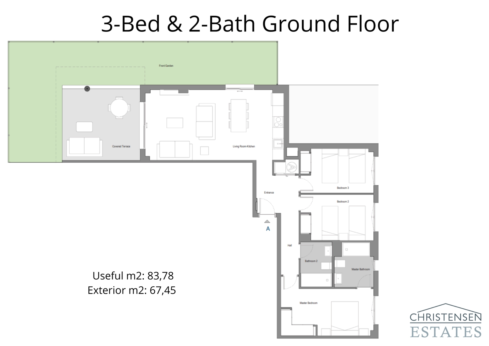 Plattegrond van een begane grond woning met drie slaapkamers, met de royale privétuin en overdekt terras dat de leefruimte naar buiten uitbreidt.