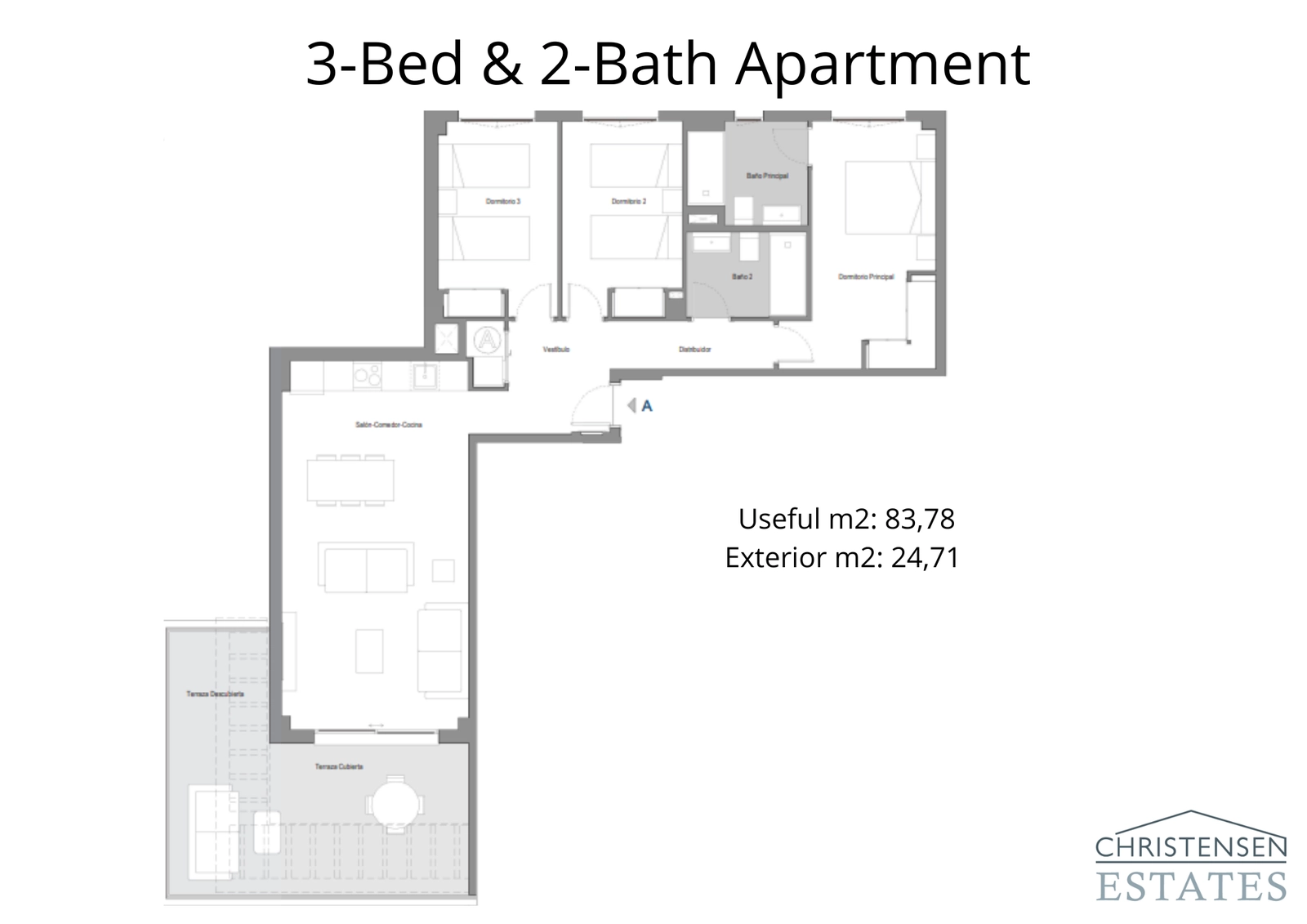Indeling van een appartement met drie slaapkamers met een slim ontwerp dat de woon- en slaapgedeelten scheidt voor optimaal comfort en privacy.