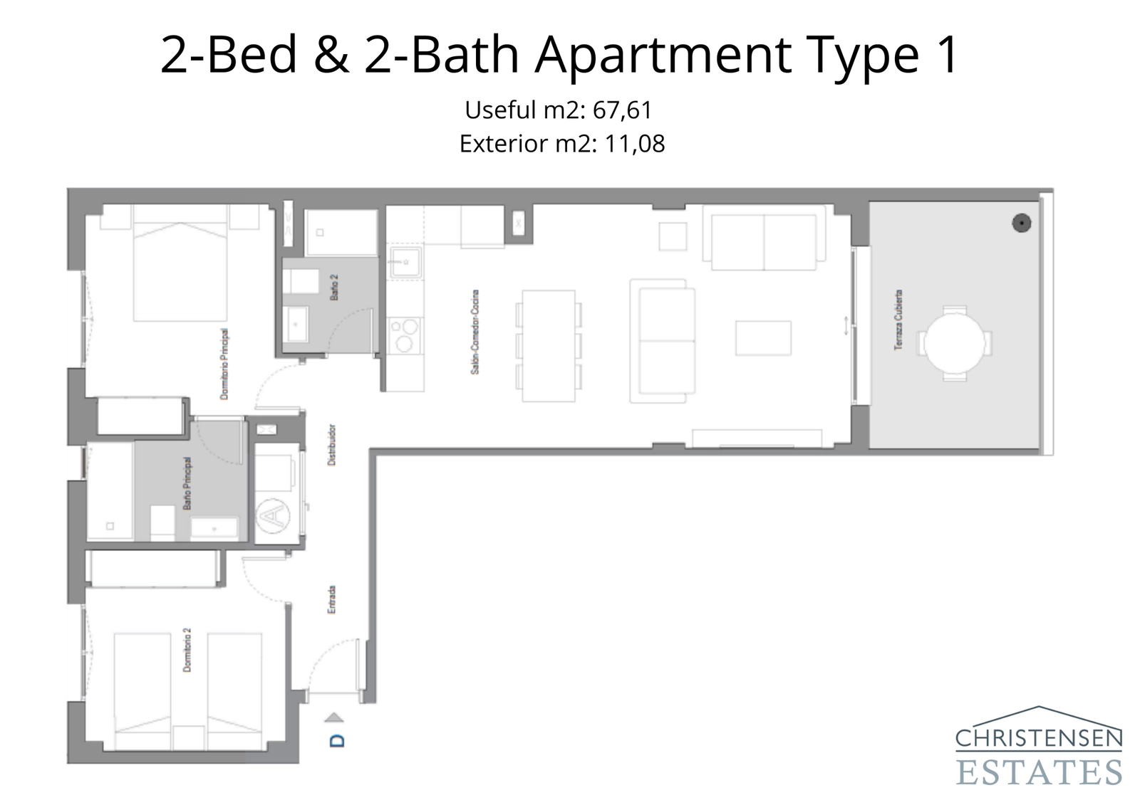 Deze indeling van een appartement met twee slaapkamers biedt een efficiënt ruimtegebruik met een open woon- en keukenruimte die uitkomt op het terras.