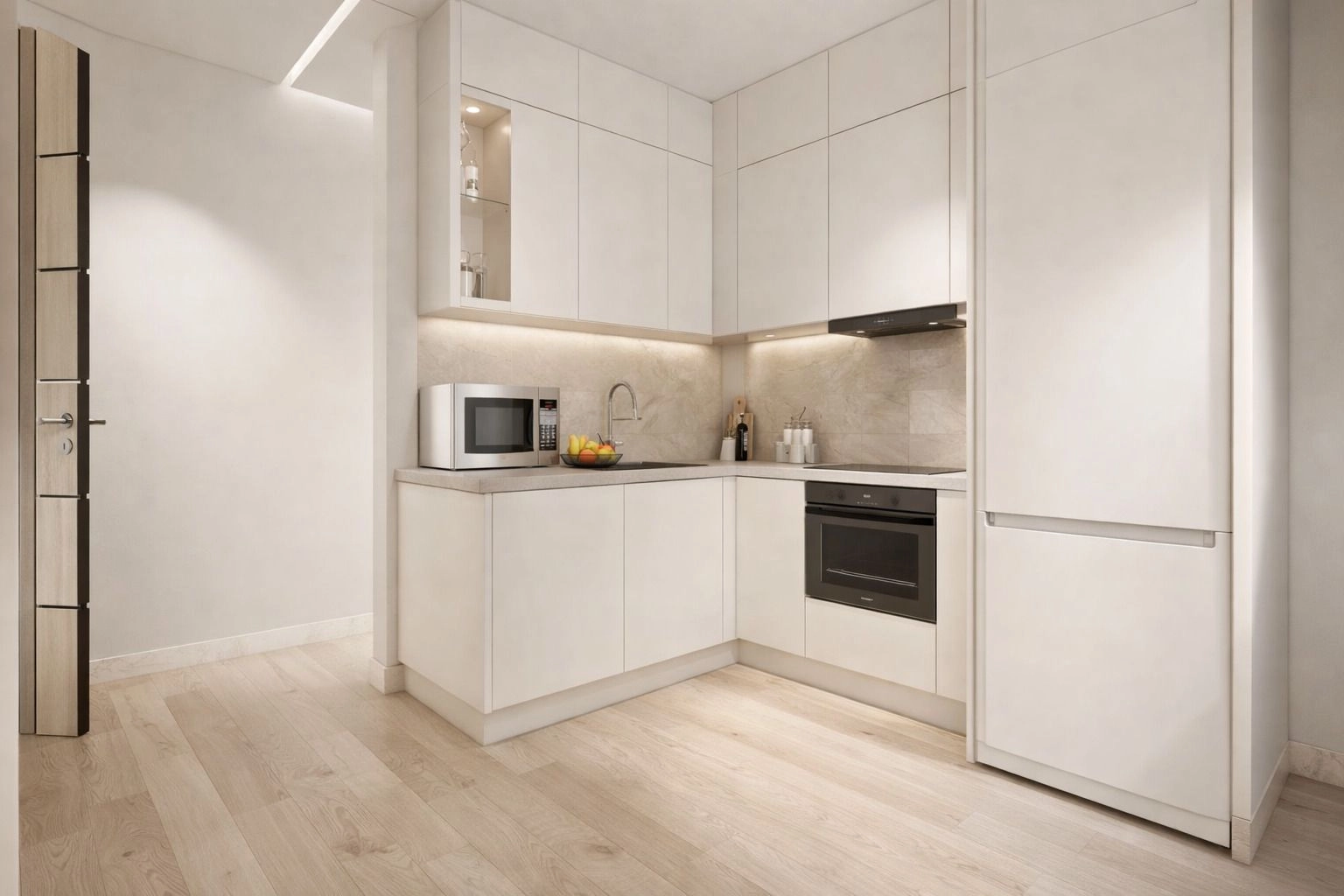 Een volledig uitgeruste, hoogwaardige keuken met een strak en minimalistisch design.