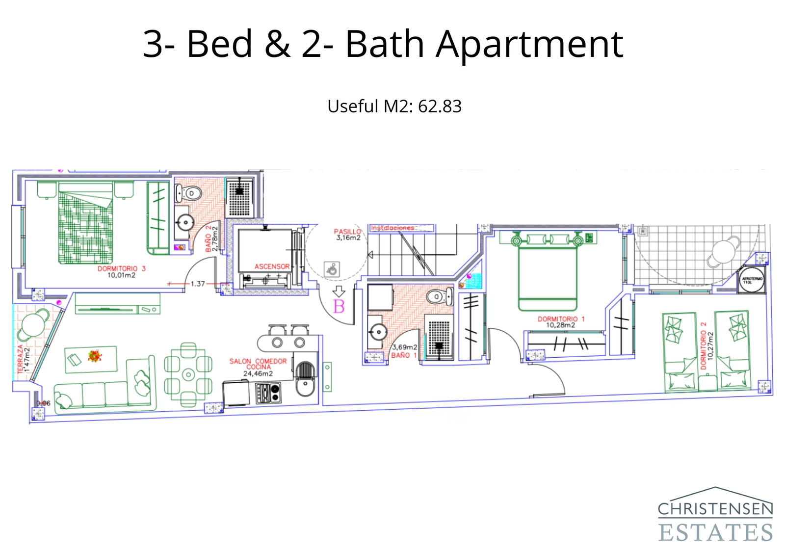Een royale plattegrond met drie slaapkamers, ontworpen voor comfortabel gezinsleven en privacy.