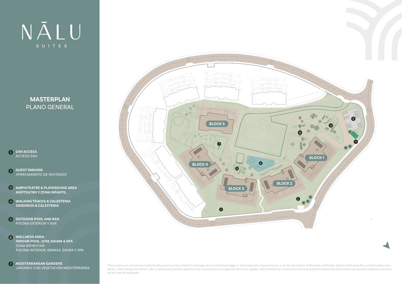 Het masterplan van de gemeenschap, met de indeling van gebouwen, tuinen, zwembaden en wellnessruimtes.