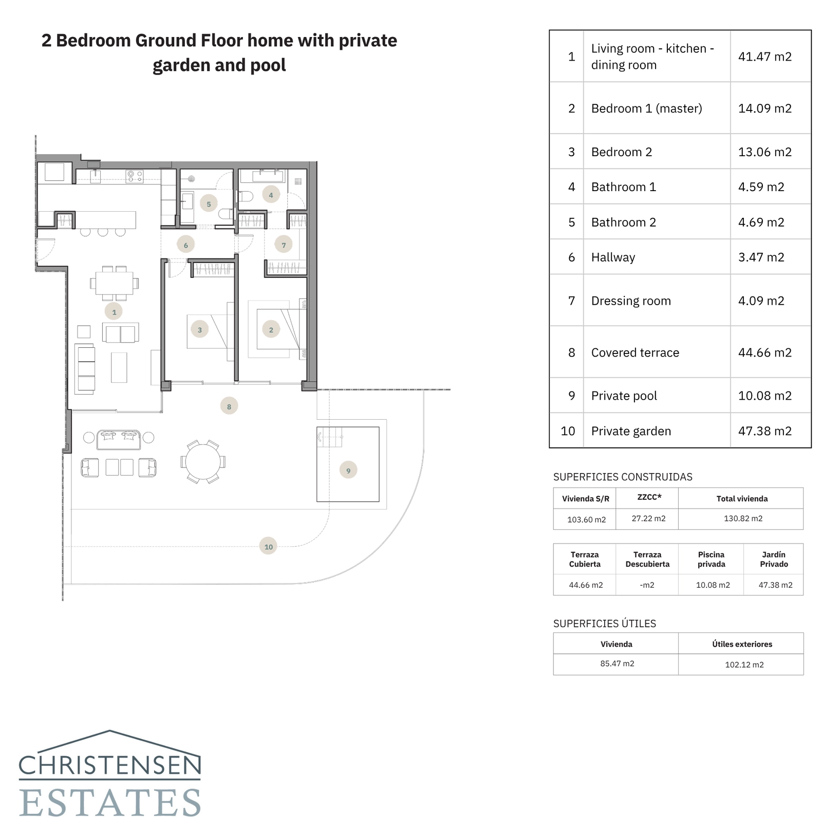 Een ruime indeling op de begane grond met twee slaapkamers, inclusief een royale privétuin en zwembad.