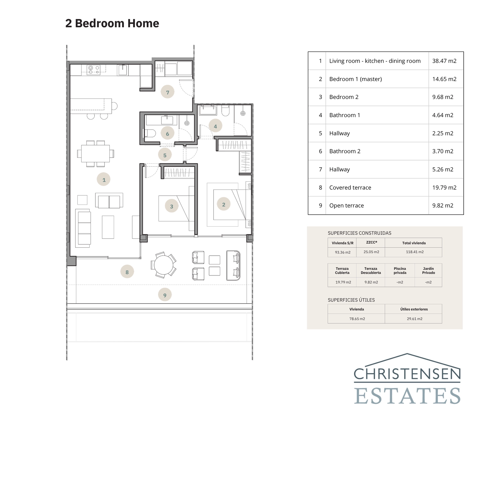 Een efficiënte en elegante indeling met twee slaapkamers, ontworpen voor comfort en modern wonen.