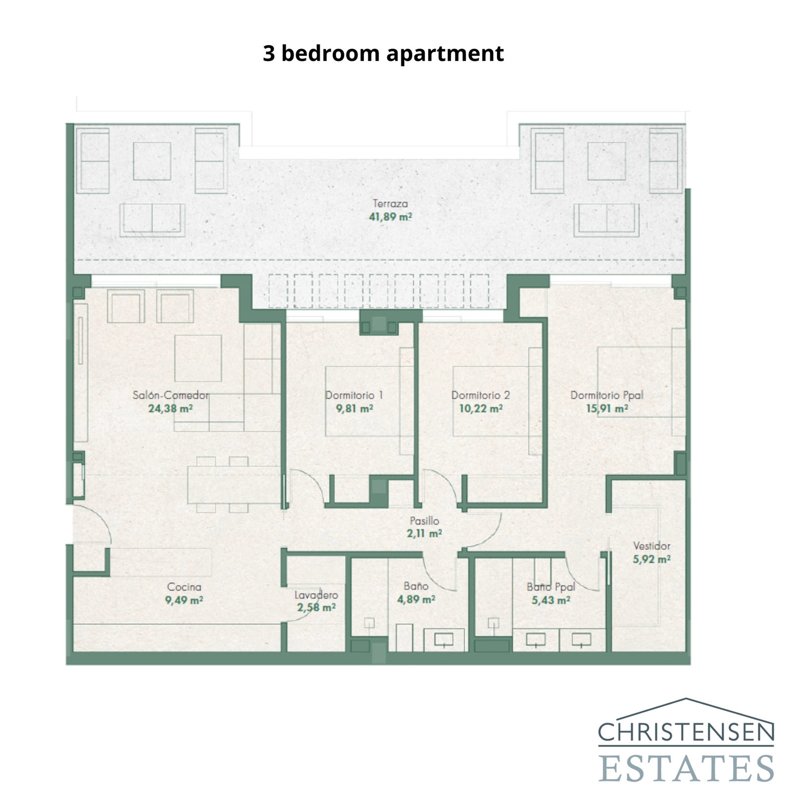 Deze indeling met drie slaapkamers biedt een royale woonruimte, die naadloos aansluit op een groot terras voor ideaal binnen-buitenleven.