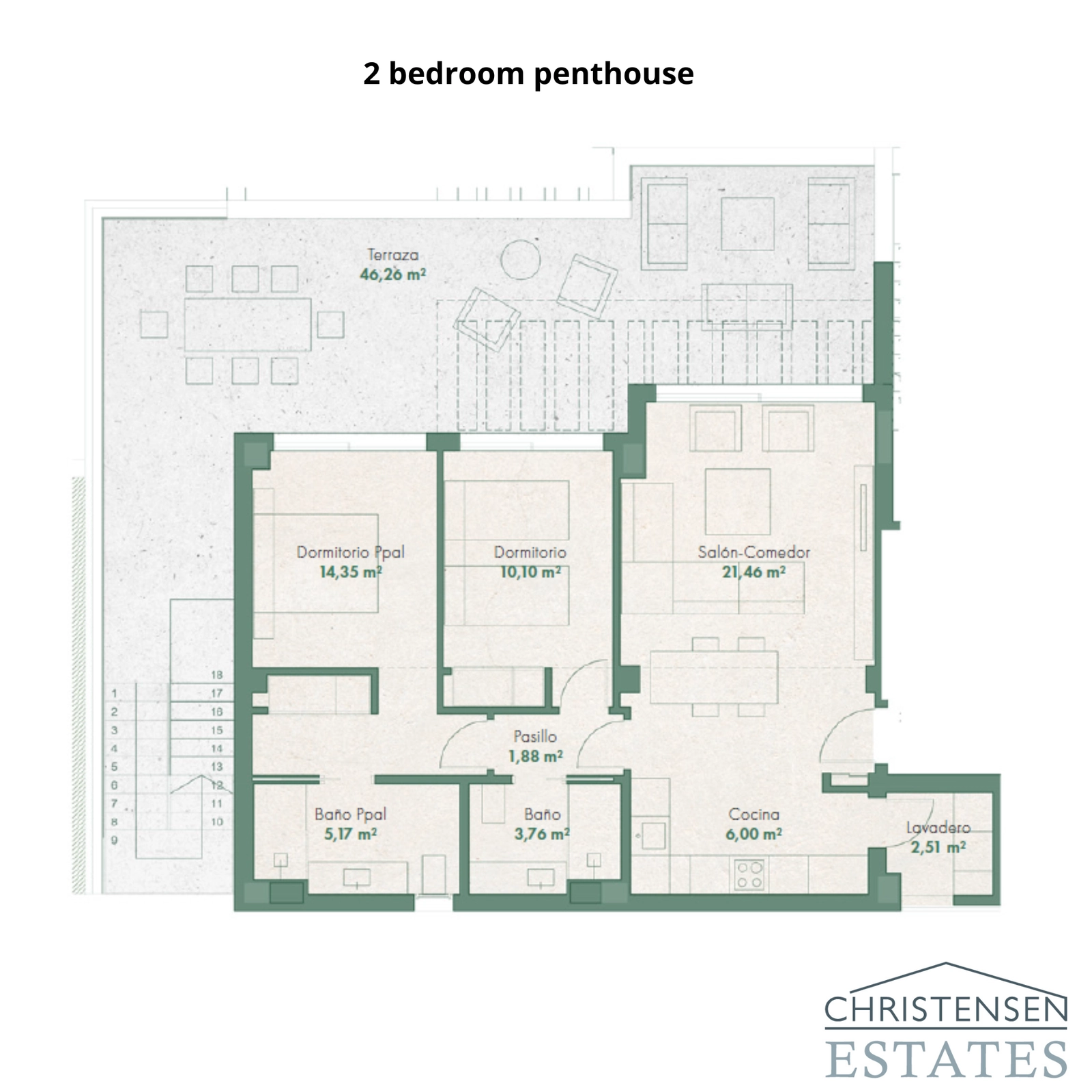 Een doordacht penthouse-ontwerp met twee slaapkamers, dat comfort en stijl biedt met een riant privé dakterras.