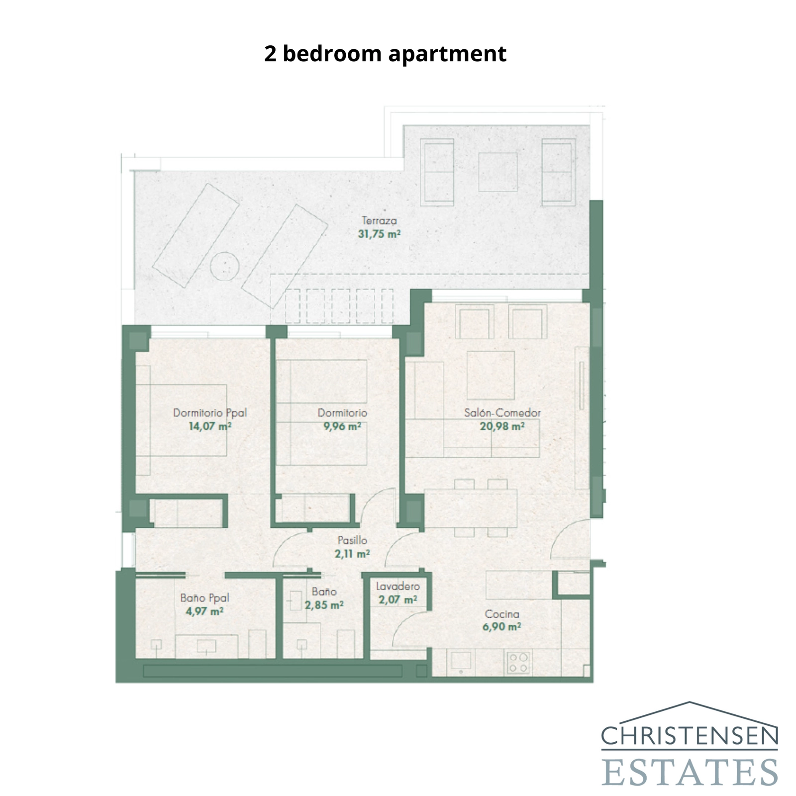 Het appartementenplan met twee slaapkamers beschikt over een open woonruimte en een privé terras, ontworpen voor een moderne levensstijl.