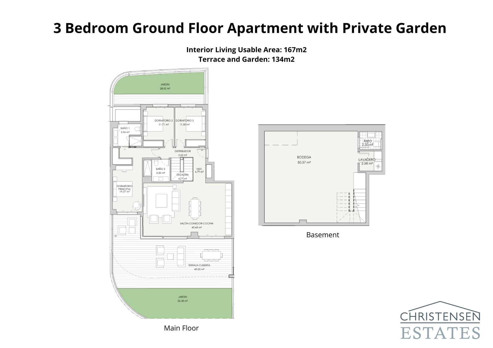 Plattegrond voor een woning op de begane grond met drie slaapkamers, met royale binnenruimte, een groot terras, privétuin en een veelzijdige kelderverdieping.