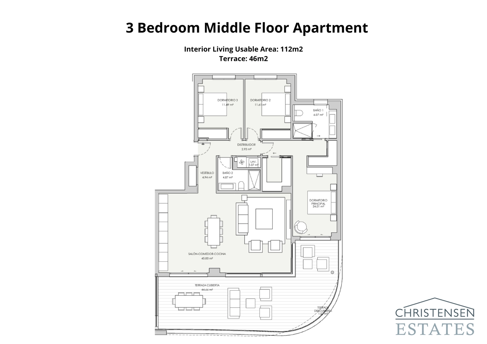De indeling van een appartement met drie slaapkamers, ontworpen met een open woonruimte die uitkomt op een ruim overdekt terras voor optimaal binnen-buitenleven.