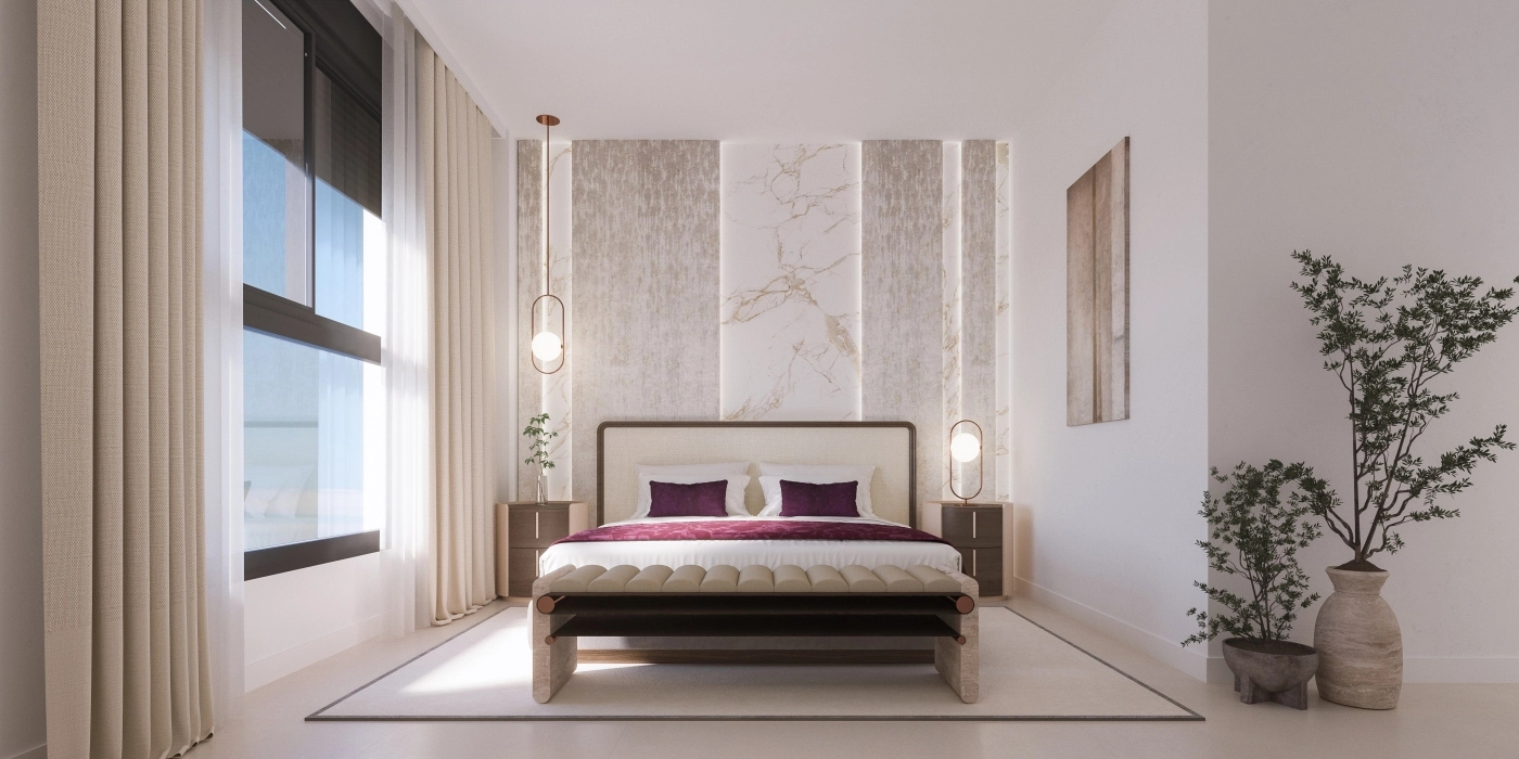 De hoofdslaapkamer biedt een vredig toevluchtsoord met een elegant design en grote ramen.