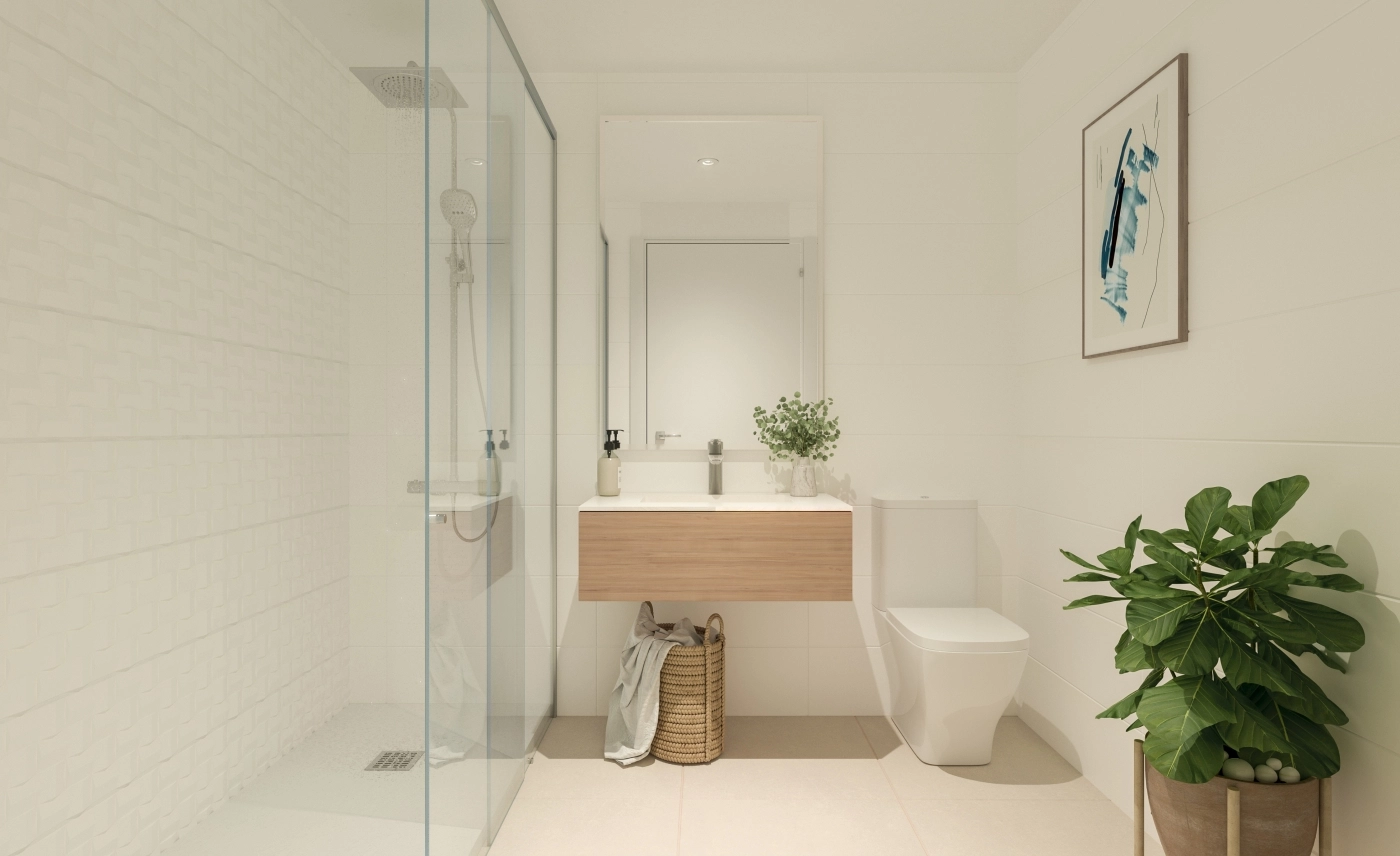 Een stijlvolle en eigentijdse badkamer met hoogwaardige materialen en afwerkingen.