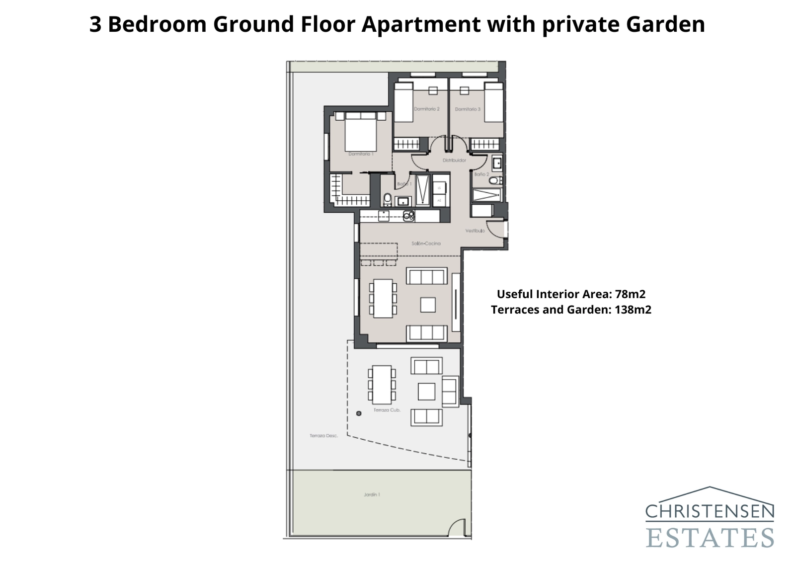 Deze begane grond indeling met drie slaapkamers beschikt over een grote privétuin en terras, ideaal voor een binnen-buitenleven.