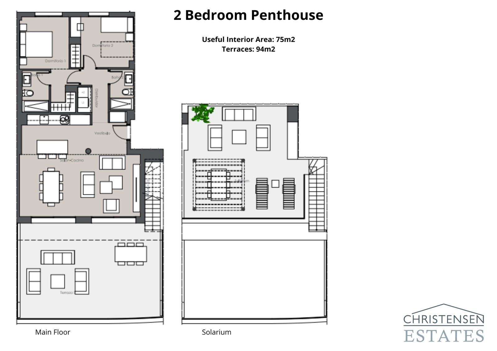 Ontdek de plattegrond van het penthouse met twee slaapkamers, inclusief een ruim hoofdterras en een privésolarieterras voor ultieme ontspanning.