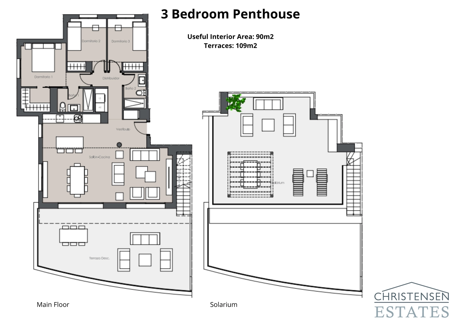 Het penthouse met drie slaapkamers biedt royale woonruimtes, een groot terras en een indrukwekkend solarieterras met een ongelooflijk uitzicht.
