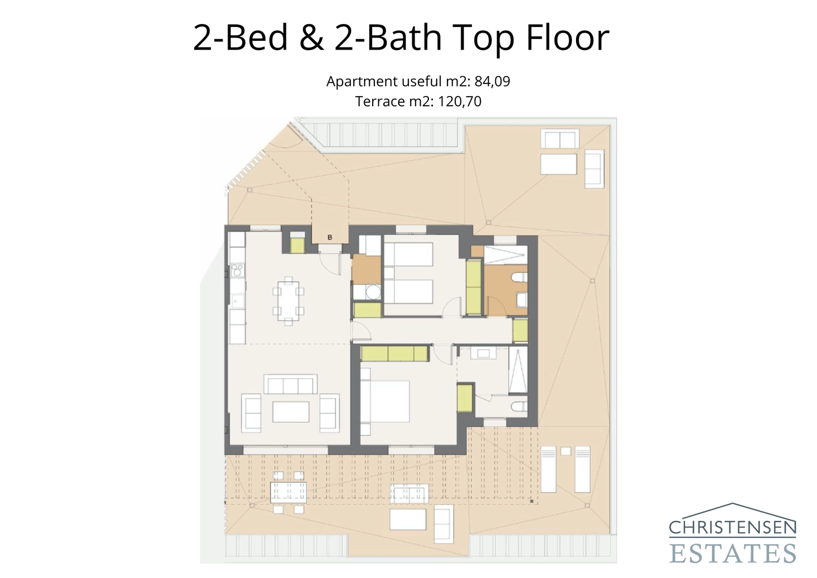 Bovenwoning met twee slaapkamers en een royaal terras, dat privacy en een prachtig uitzicht biedt.