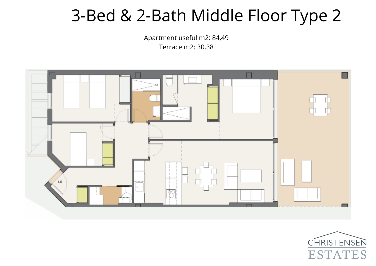 Alternatieve indeling met drie slaapkamers, met een slimme ruimteverdeling en een groot privé terras.