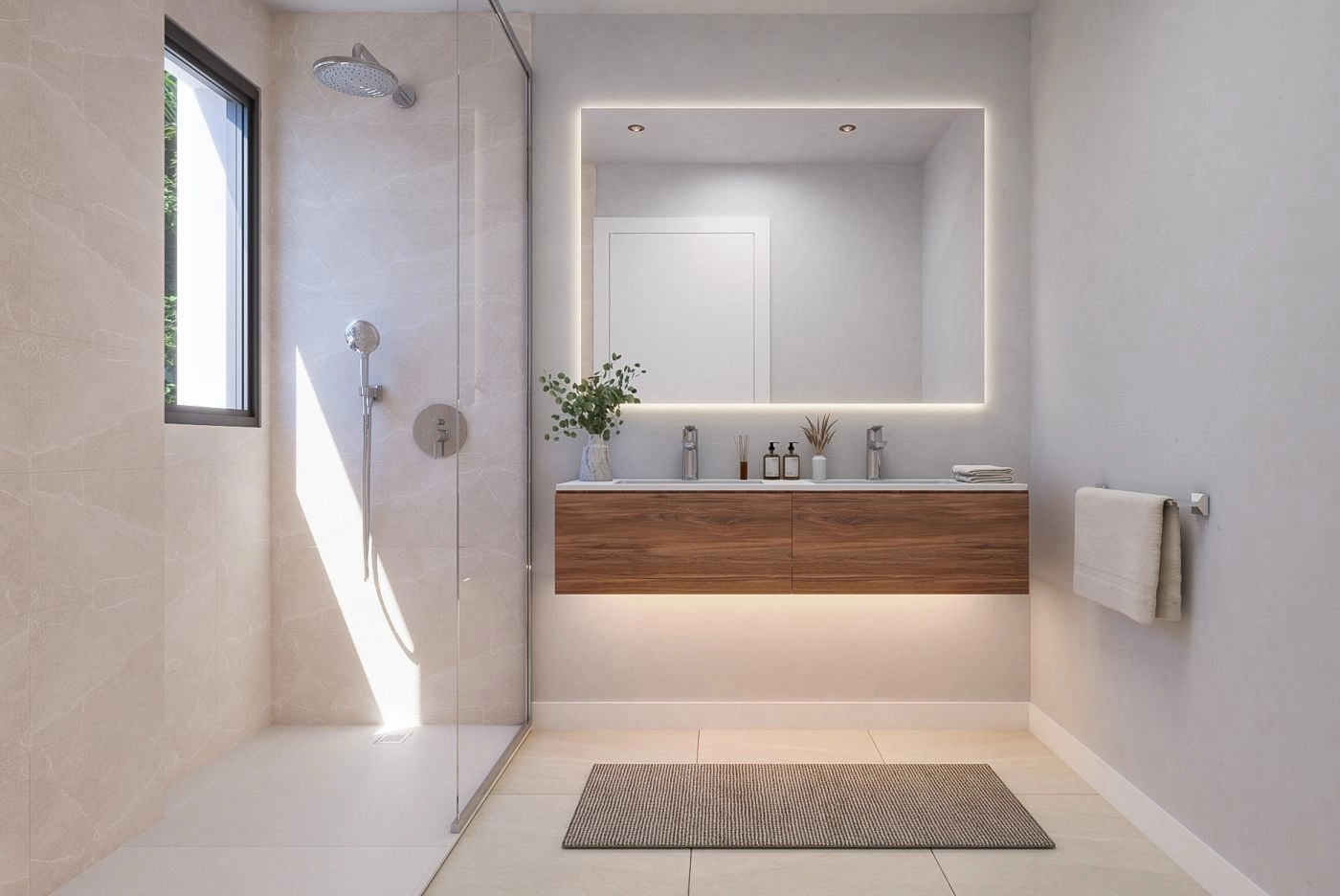 Een moderne en stijlvolle badkamer met hoogwaardige armaturen, een inloopdouche en prachtig natuurlijk licht.
