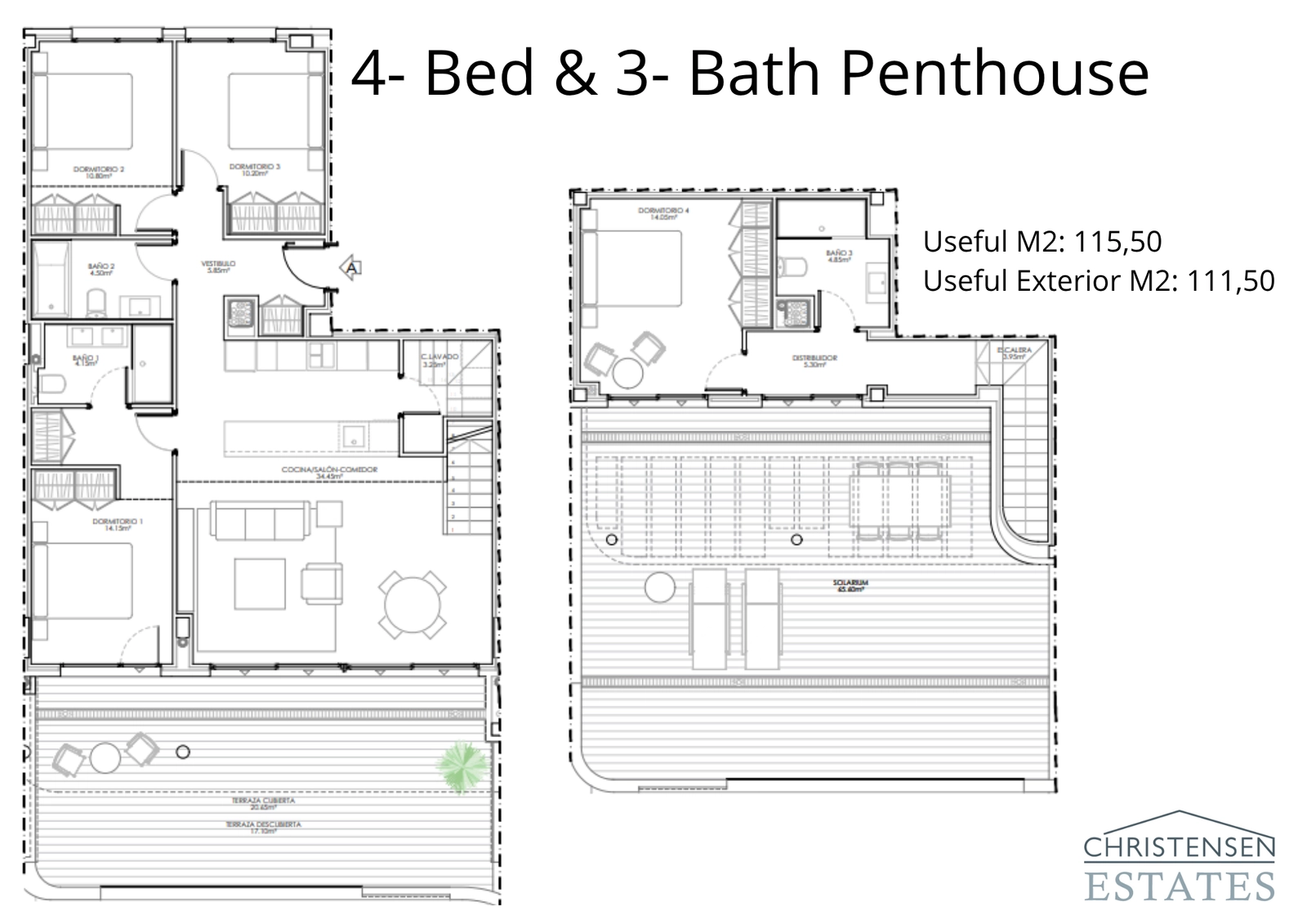 Deze plattegrond van een penthouse met vier slaapkamers toont een ruime woonkamer, royale slaapkamers en een spectaculair dakterras (solarium) voor de ultieme privé-oase.