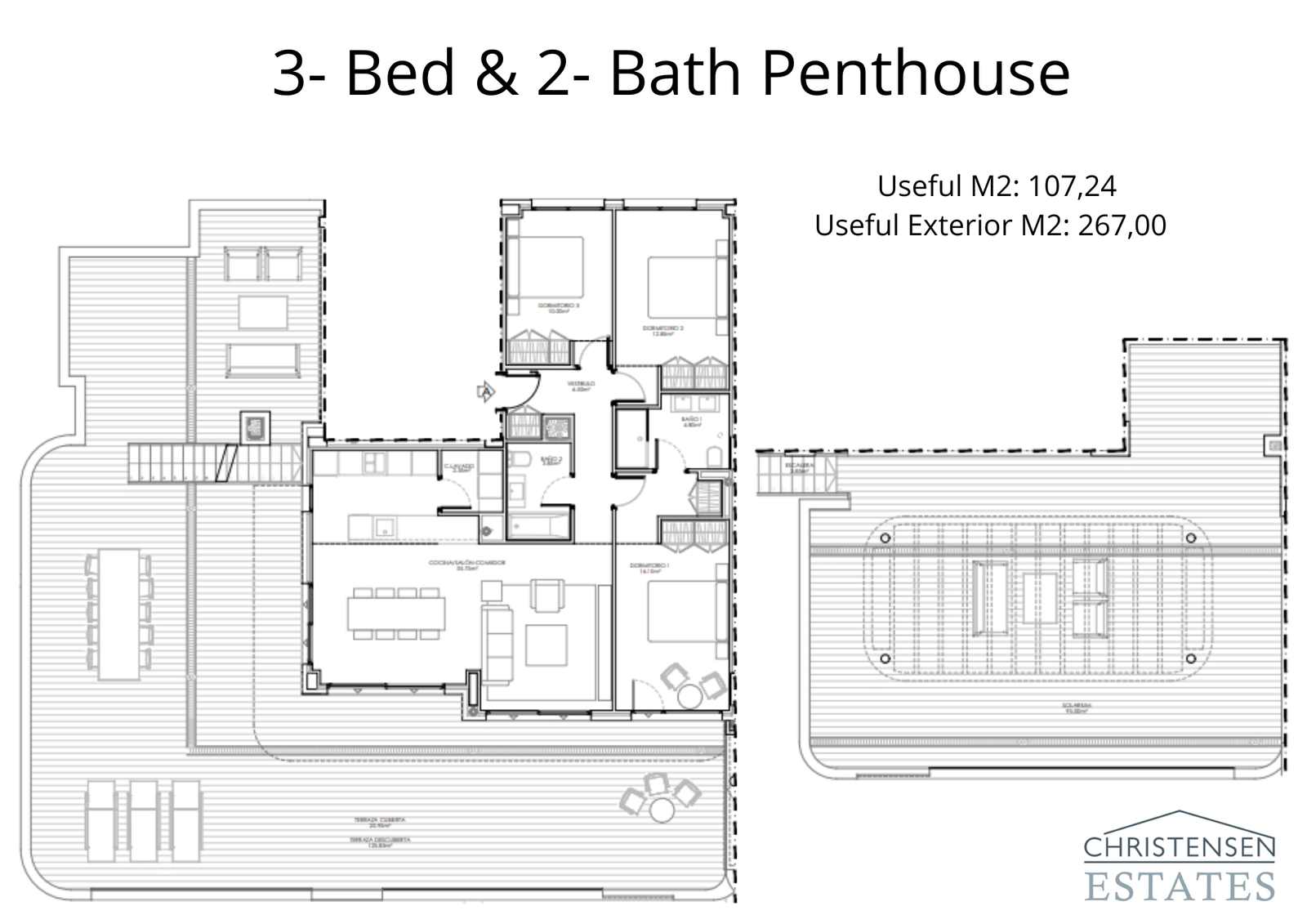 De plattegrond van het penthouse met drie slaapkamers, met een slimme indeling van de ruimte, grote terrassen en een privé solarium om van de zon te genieten.