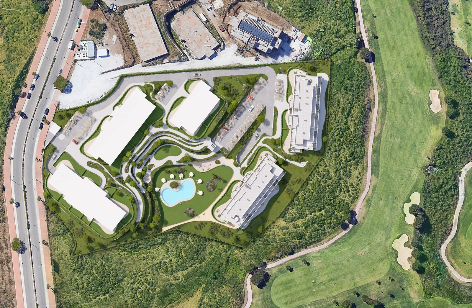 Een luchtfoto van de indeling van het project, perfect geïntegreerd met de golfbaan van Calanova aan de Costa del Sol.