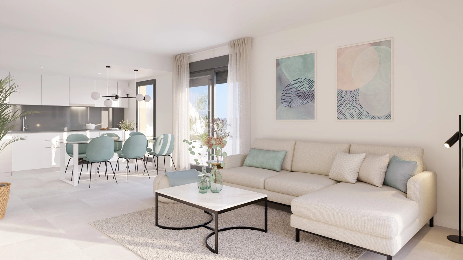 Een lichte en ruime open woon- en eetkamer, ontworpen voor modern comfort.