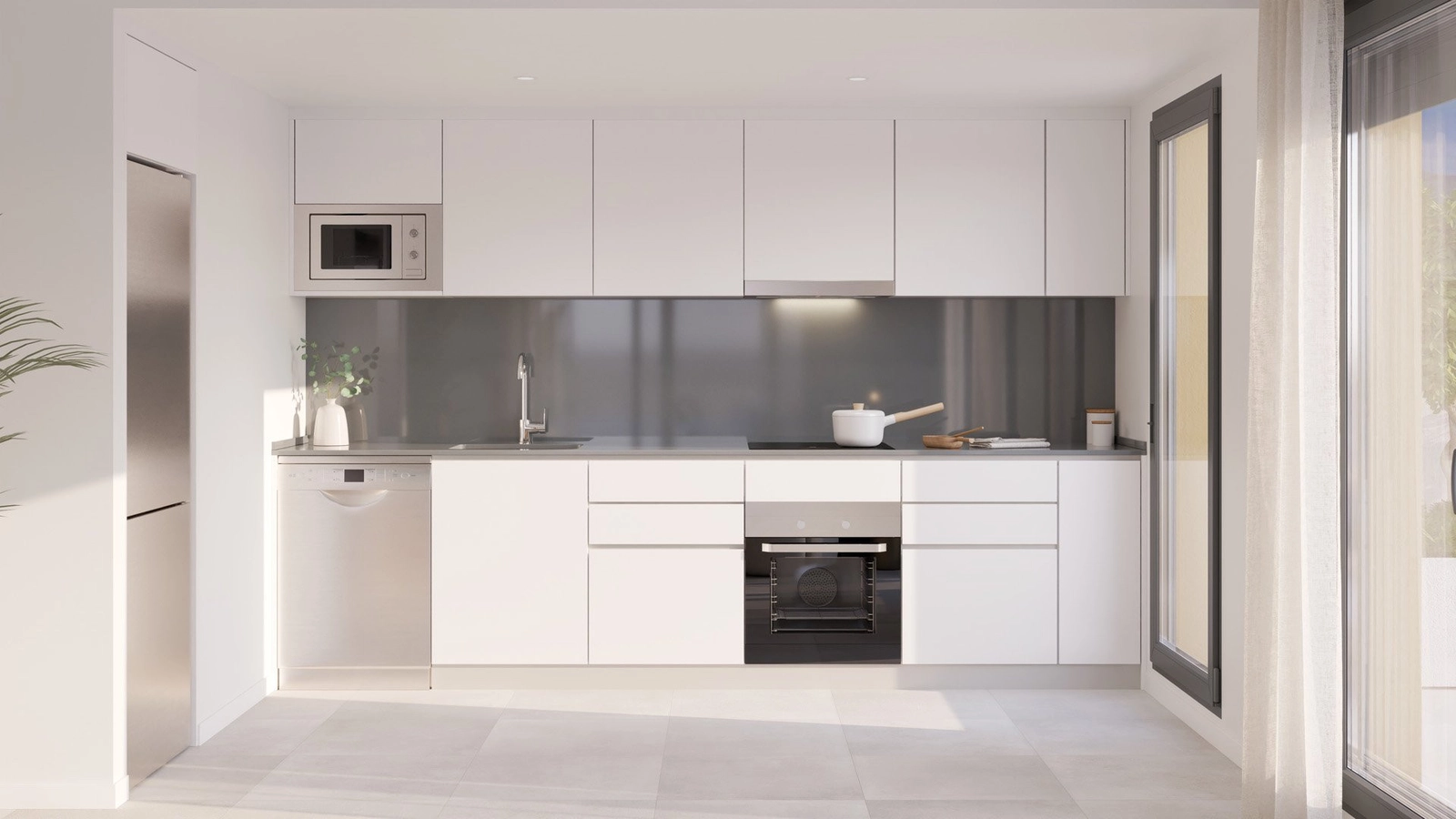 De volledig uitgeruste keuken heeft een strak, minimalistisch design met hoogwaardige apparatuur.