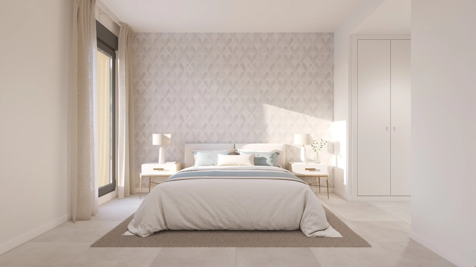 Een serene hoofdslaapkamer vol natuurlijk licht, die een vredige toevlucht biedt.