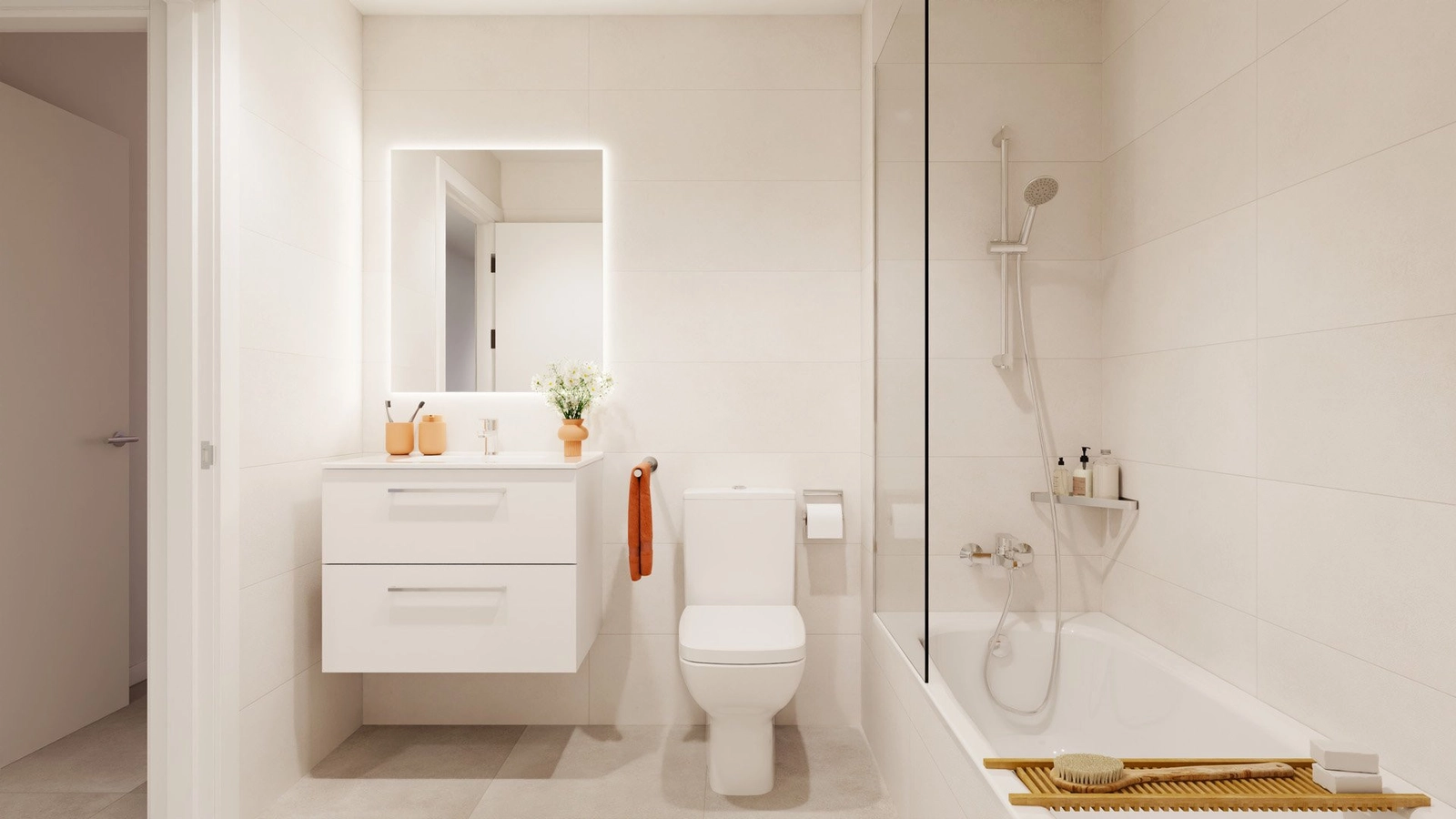 Een moderne badkamer met strakke lijnen, kwaliteitsarmaturen en een ligbad van normaal formaat.