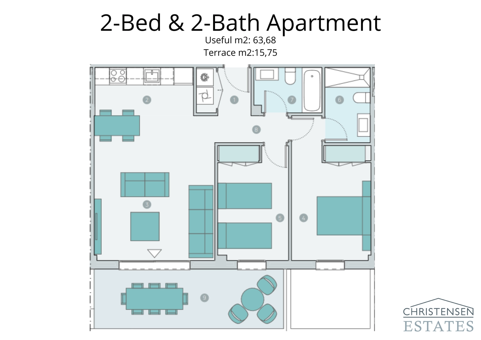Deze appartementindeling met twee slaapkamers kenmerkt zich door een intelligent ontwerp, dat ruimte en licht maximaliseert met een open woonruimte die uitkomt op een royaal terras.