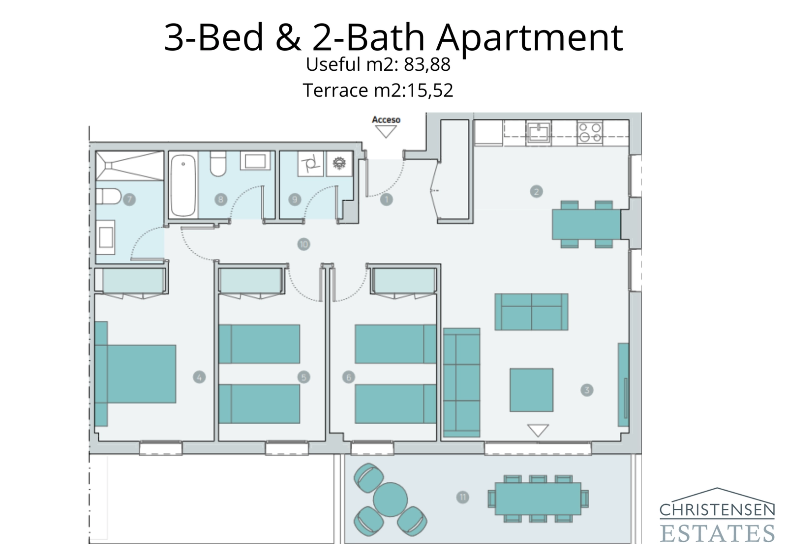 De plattegrond met drie slaapkamers biedt volop ruimte voor gezinnen, met een duidelijke scheiding tussen woon- en slaapgedeelten voor verbeterde privacy en comfort.