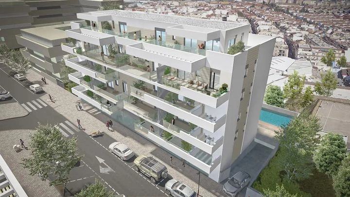 Een overzicht van het project, met de nadruk op de moderne architectuur en het gemeenschappelijke zwembad.