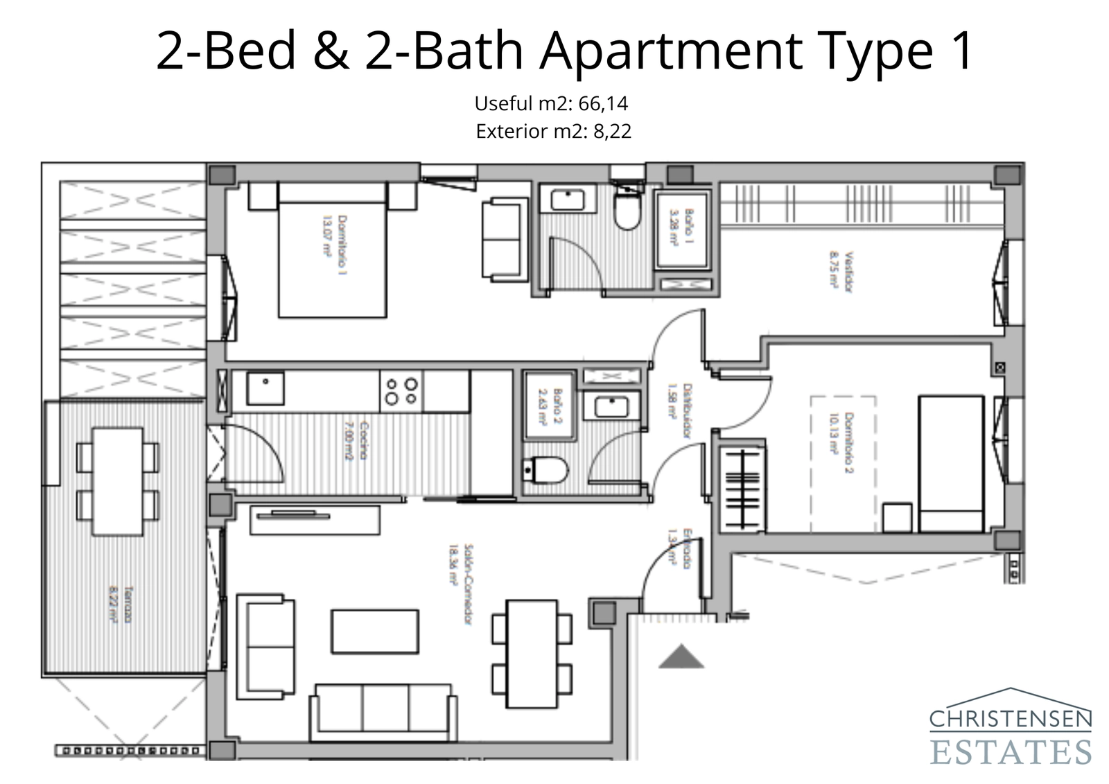 Een praktische indeling met twee slaapkamers, met een open woonkamer die uitkomt op een privé terras.