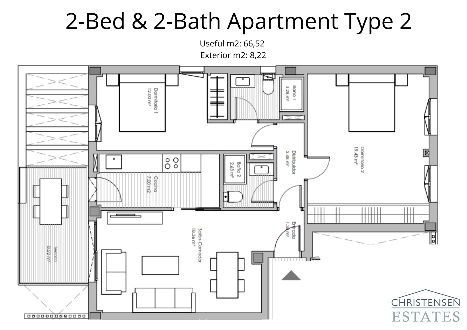 Dit appartement met twee slaapkamers biedt een andere configuratie met een grote tweede slaapkamer, ideaal voor gezinnen of gasten.