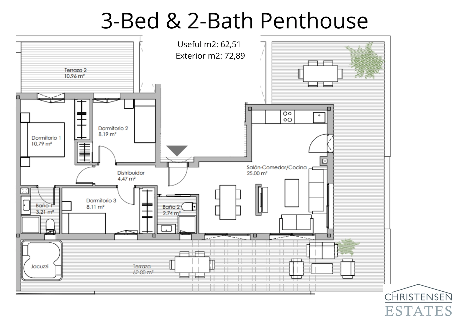 De exclusieve penthouse-indeling met drie slaapkamers beschikt over meerdere terrassen en royale woonruimte voor een luxe levensstijl.