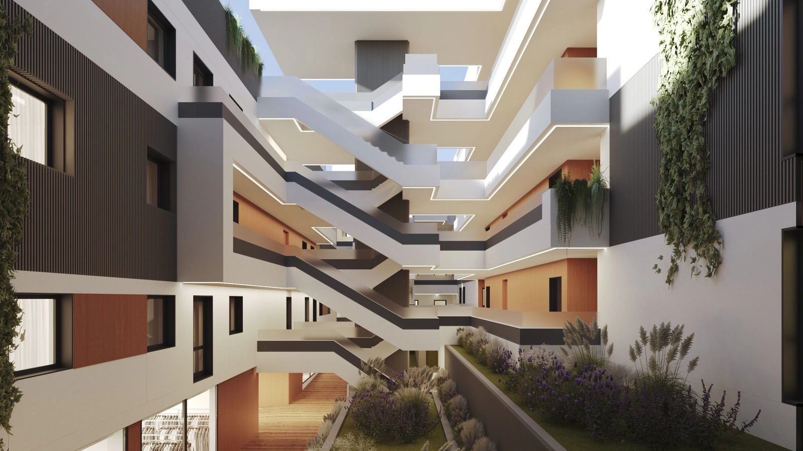 Het lichte centrale atrium combineert een opvallend ontwerp met groene ruimtes.