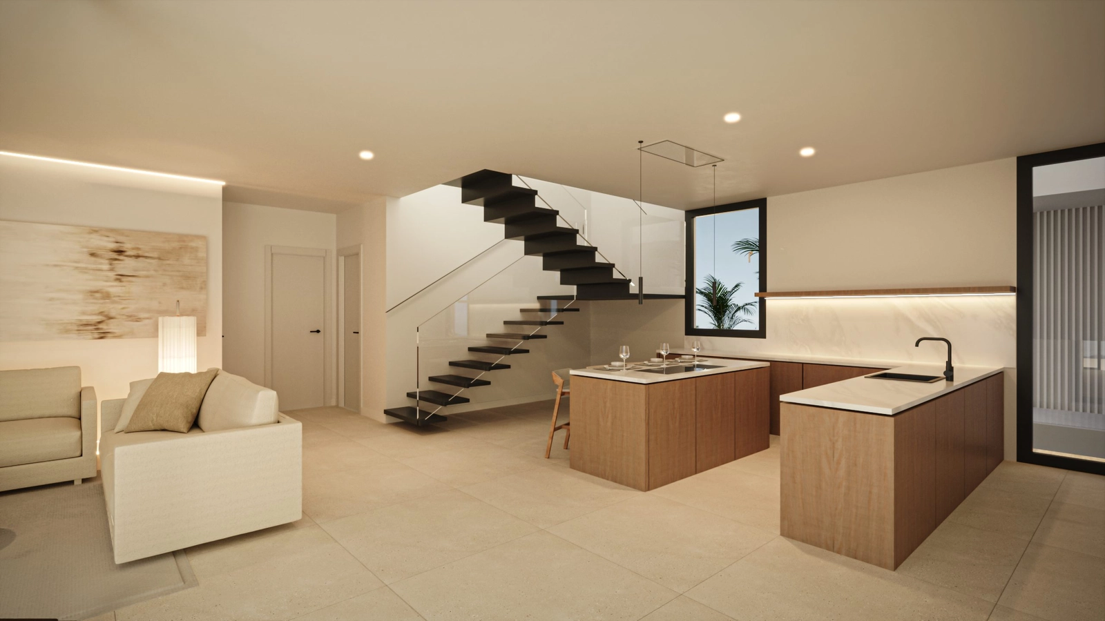 De duplexwoningen beschikken over stijlvolle keukens en elegante trappen die de verdiepingen verbinden.