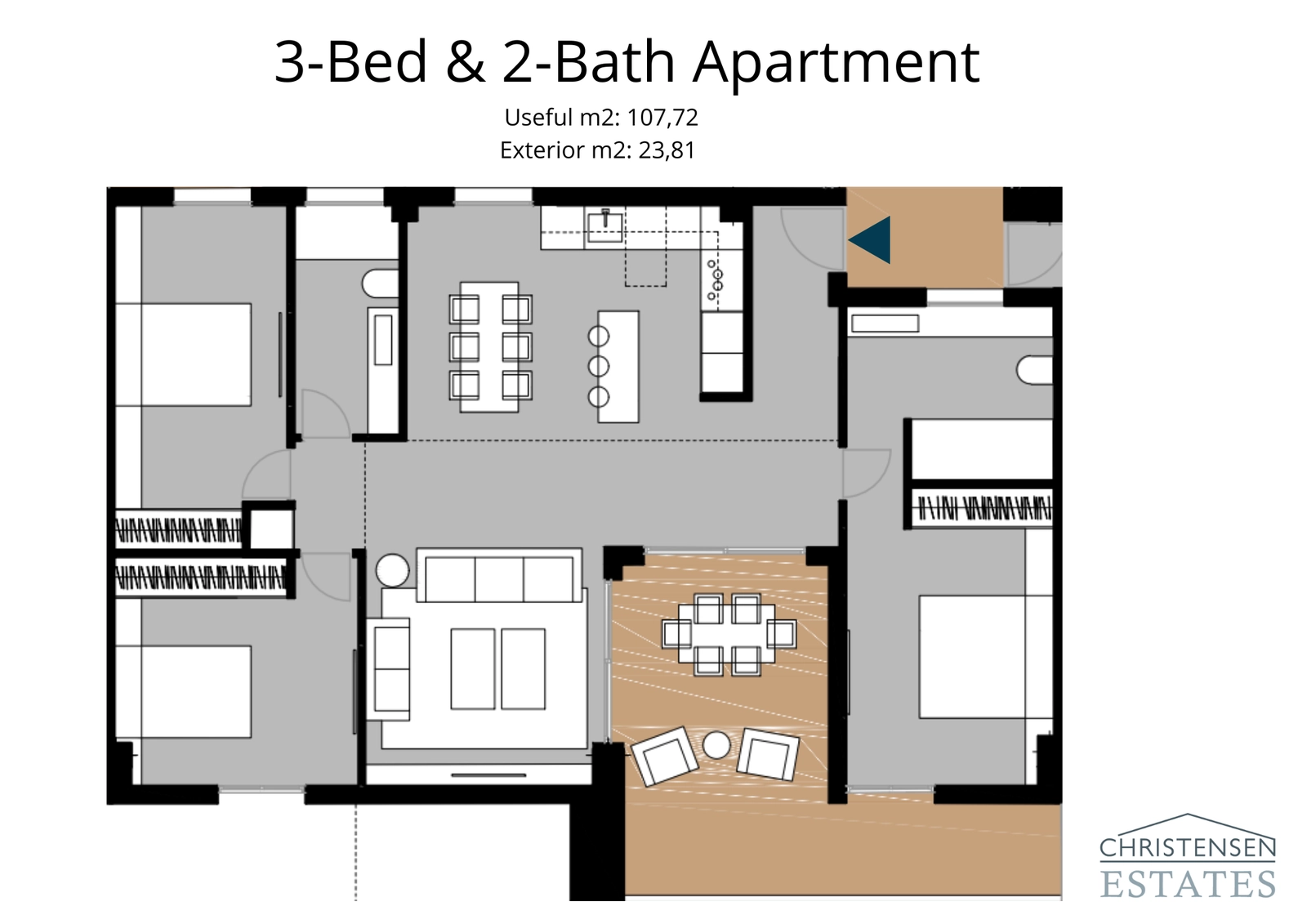 Een ruime indeling van een appartement met drie slaapkamers, ontworpen voor comfort en functionaliteit met een royaal terras.