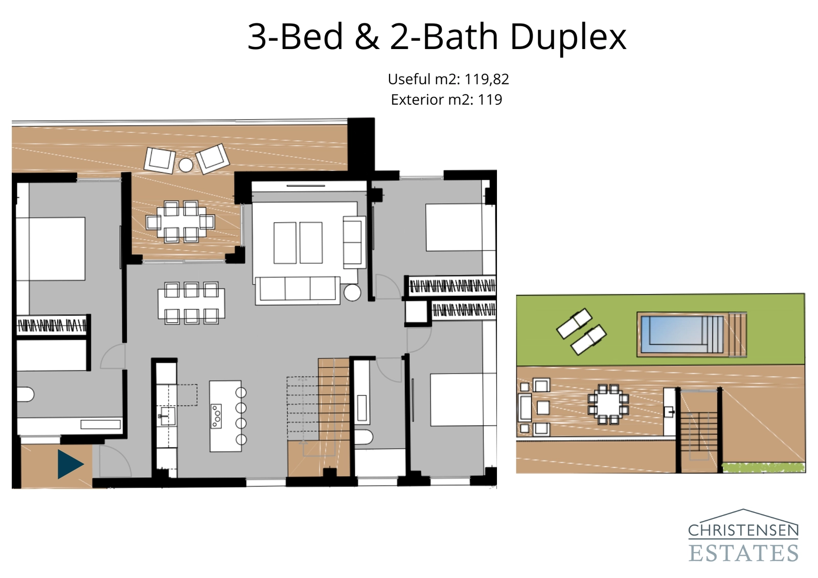 Deze duplex plattegrond toont een woning met drie slaapkamers en een uitgestrekt solarium op het dak, perfect voor privé-ontspanning en entertainment.