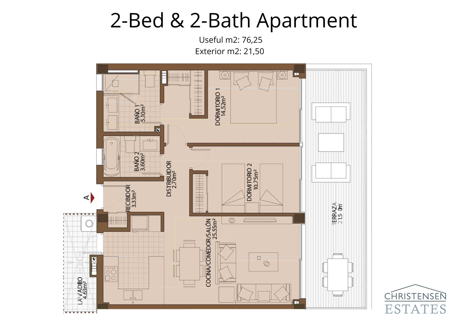Deze plattegrond met twee slaapkamers kenmerkt zich door een slimme indeling met een open woonkamer die uitkomt op een groot terras, ideaal om van het uitzicht te genieten.