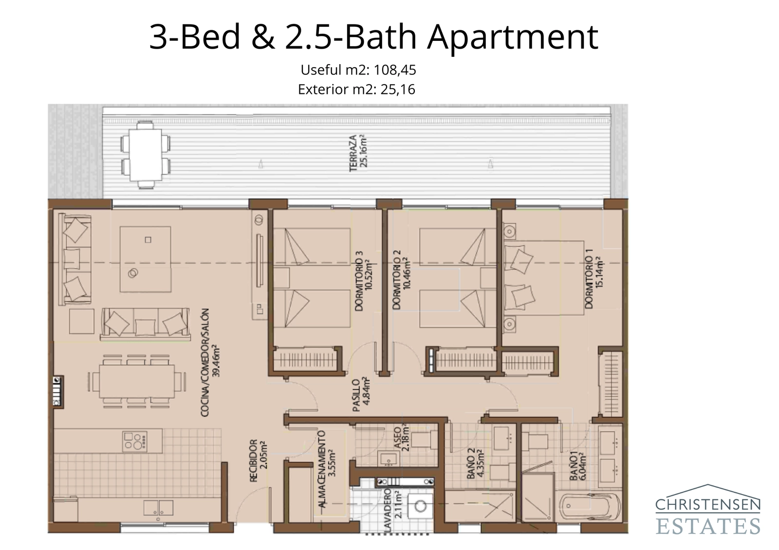 Een goed ontworpen appartement met drie slaapkamers, met ruime kamers en een praktische indeling voor gezinsbewoning.