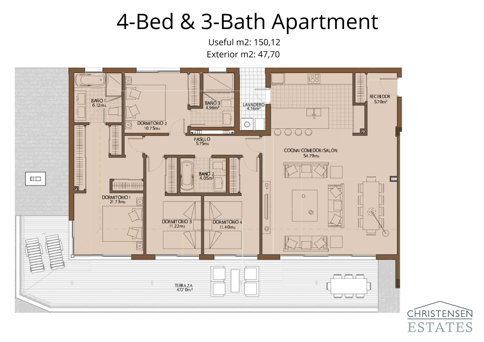 De indeling met vier slaapkamers biedt voldoende ruimte voor een groot gezin, met een royale woonkamer en privétoegang tot het terras.