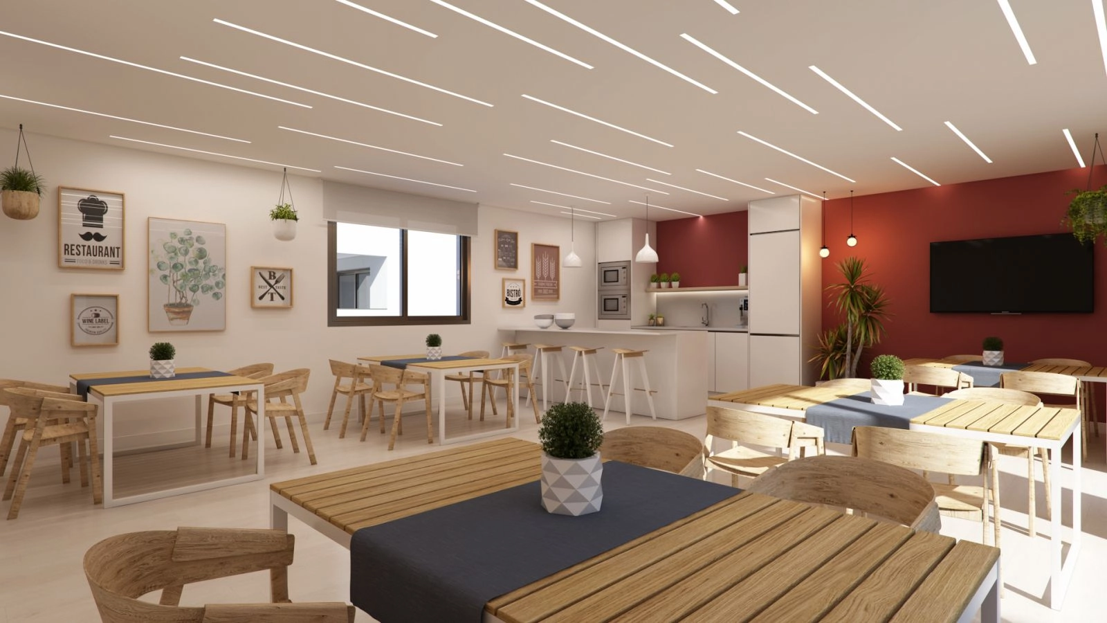 Een veelzijdige coworking- en gourmetlounge waar bewoners comfortabel kunnen werken, vergaderen of ontspannen.